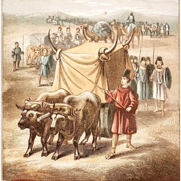 1853 Service Of The Merarites Rare Colored Engraving Victorian Bible Art DWNN23 - Picture 1 of 4